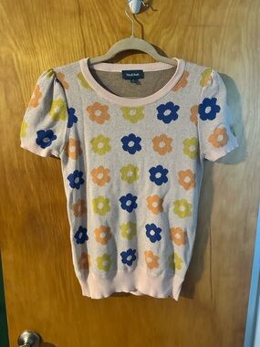 ModCloth Pink Floral Crewneck Sweater with Blue, Orange & Yellow Flowers